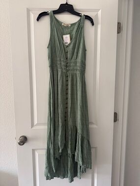 Rewind Sage Green Sleeveless High-Low Button Front Maxi Dress